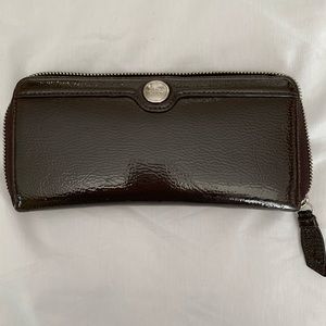 Coach Patent Leather Zip Wallet in Dark Brown